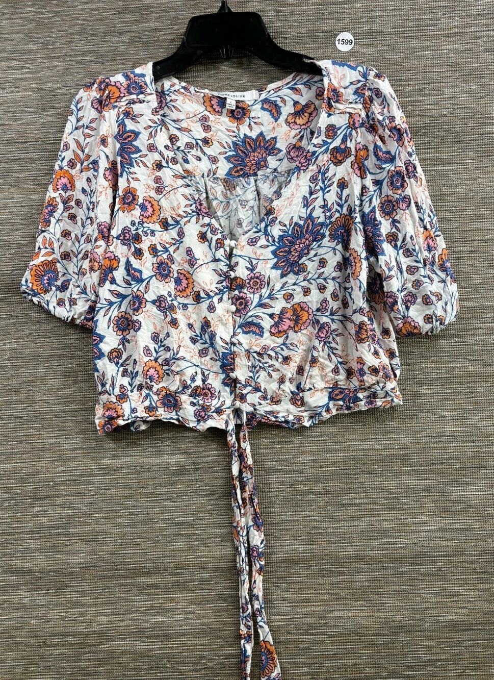 Rose + Olive Floral Tie Front Button Up Crop Blouse Womens Size L Multicolor